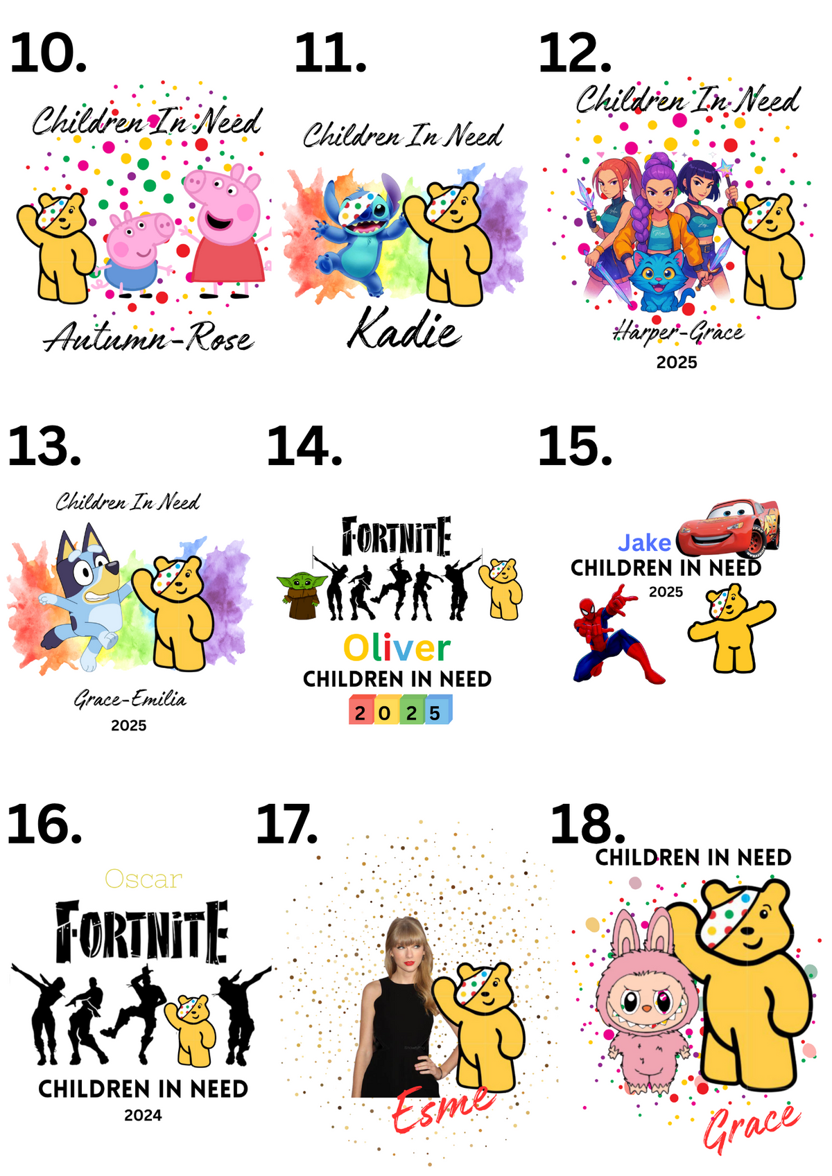 Personalised Children in Need top numbered design choices sheet 2