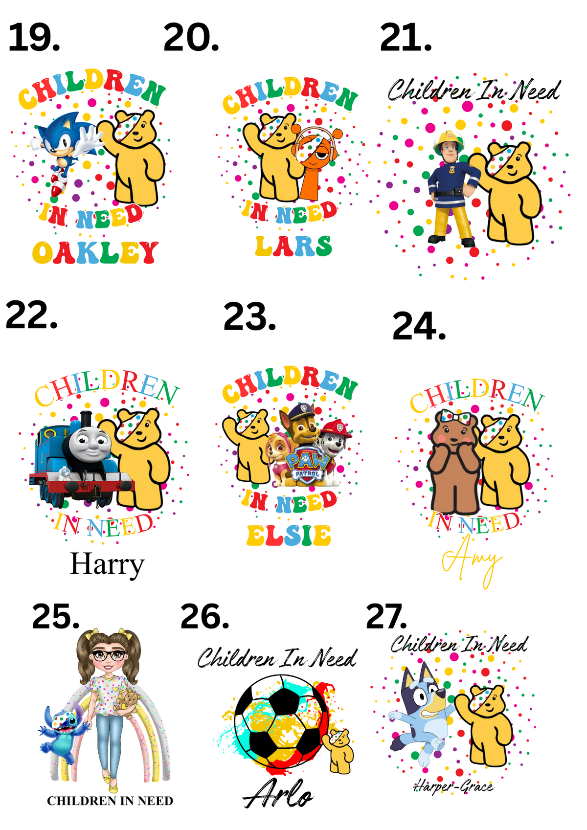 Personalised Children in Need top numbered design choices sheet 3