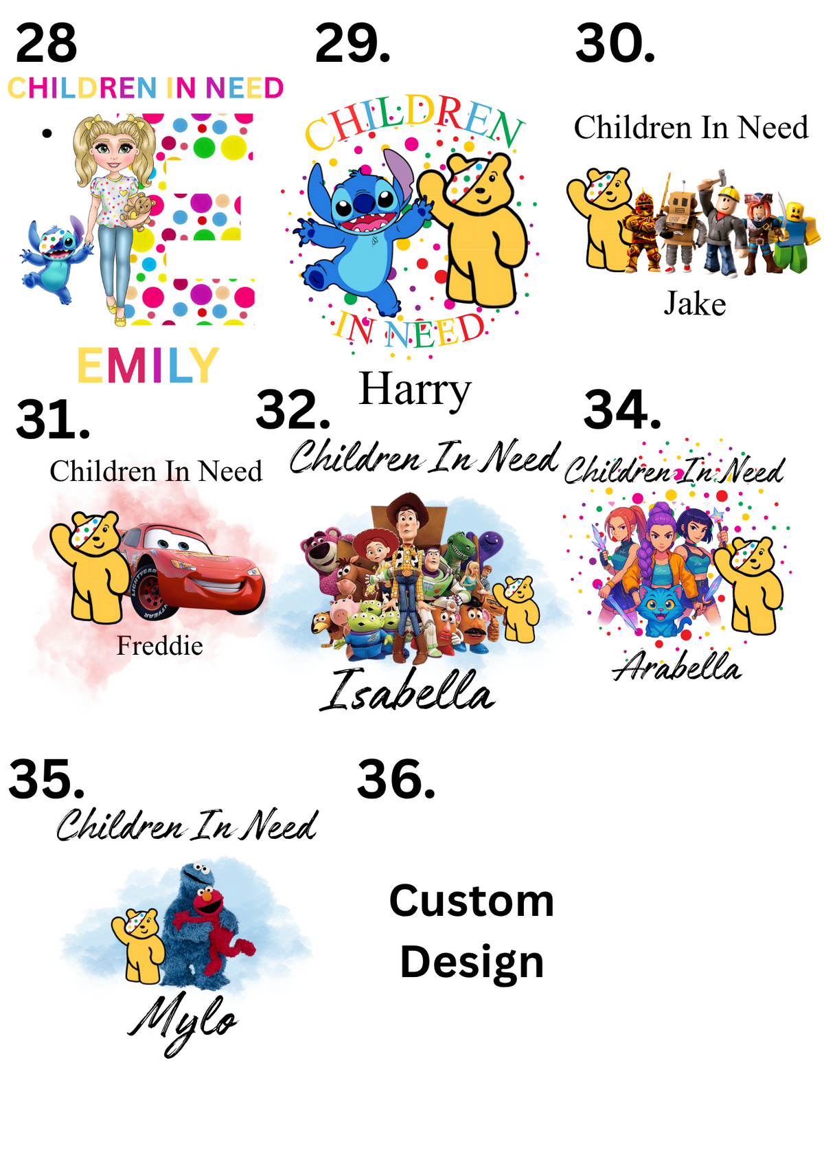 Personalised Children in Need top numbered design choices sheet 4