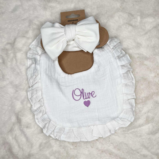 Personalised Frilled Embroidered Baby Bib & Headband Set