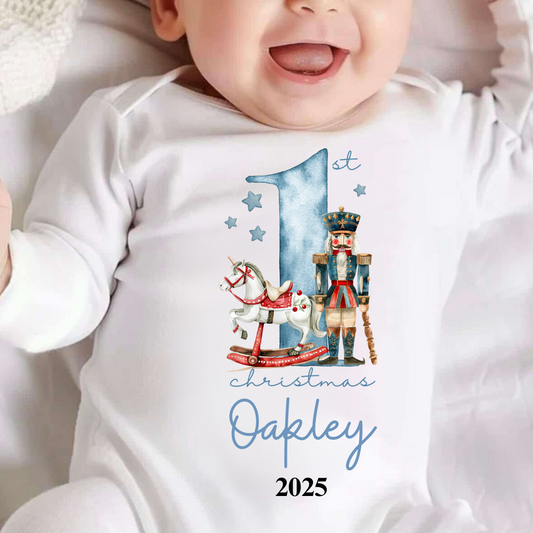 Personalised First Christmas Blue Nutcracker Sleepsuit