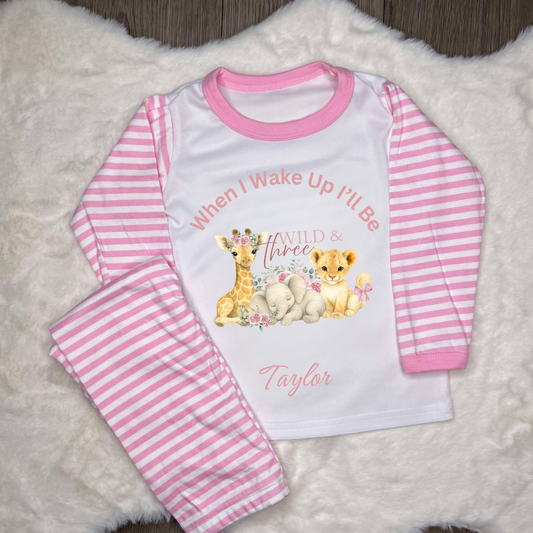 Pink striped pyjamas with three and wild safari animals with personalised text 