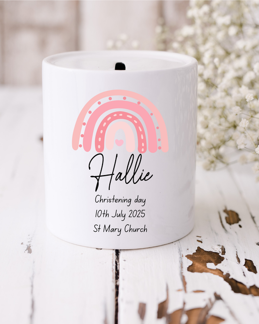 Personalised Rainbow Christening Money Box – Keepsake Gift