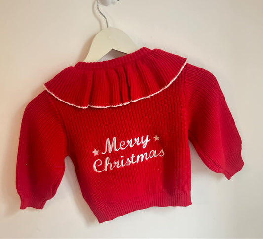 Embroidery Red Frilly Cardigan