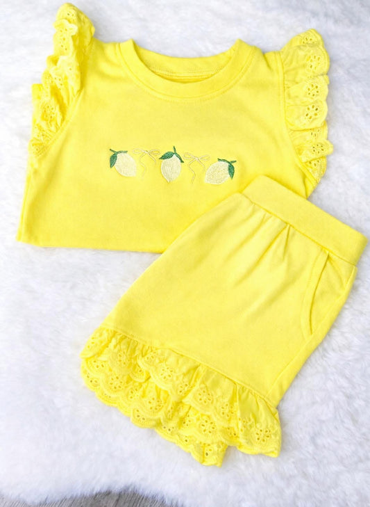 Personalised Girls Lemon Embroidered Ruffle Top And Short Set