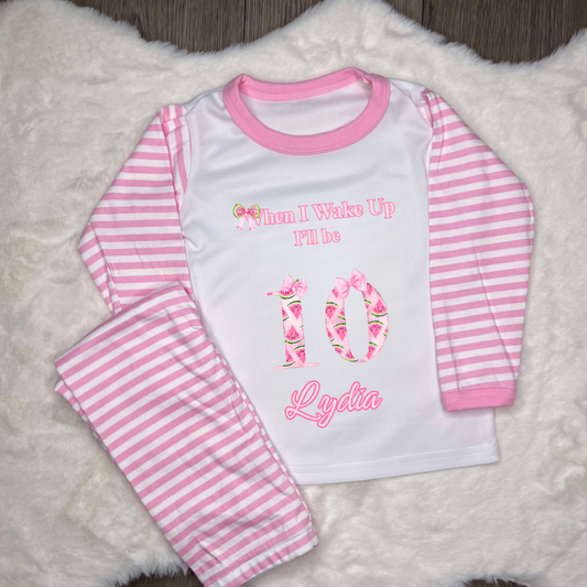 Personalised pink pyjama with watermelon themed number 10 and personalised text saying when I wake up I’ll be 10 with name 