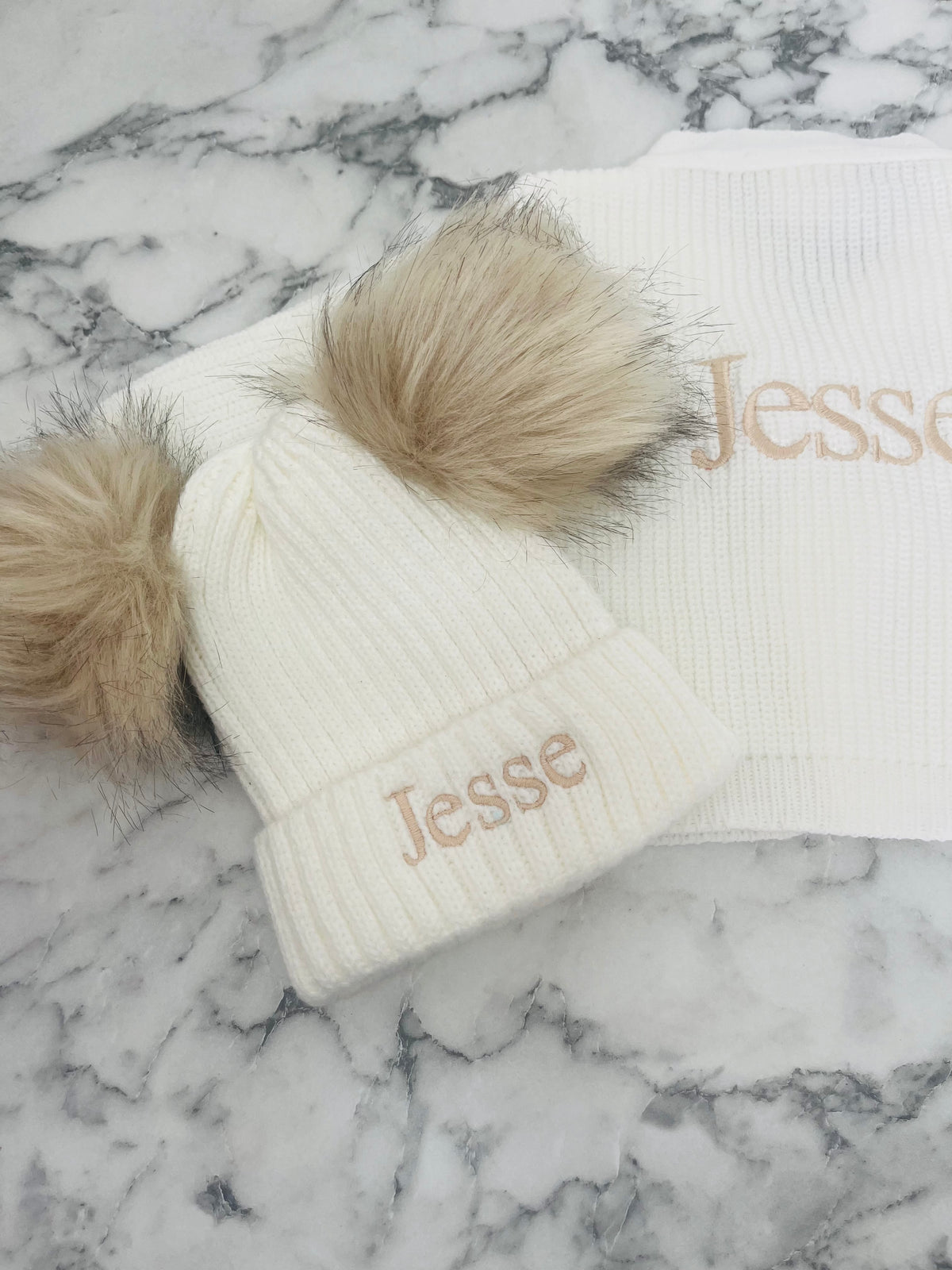 Personalised Baby Ribbed Cardigan & Double Pom-Pom Hat Set