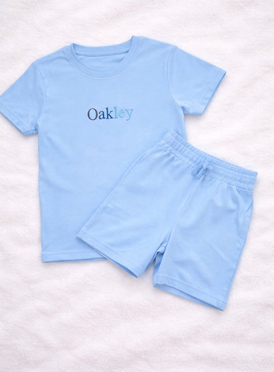 Blue  Basic Embroidered Children Top And Short Set