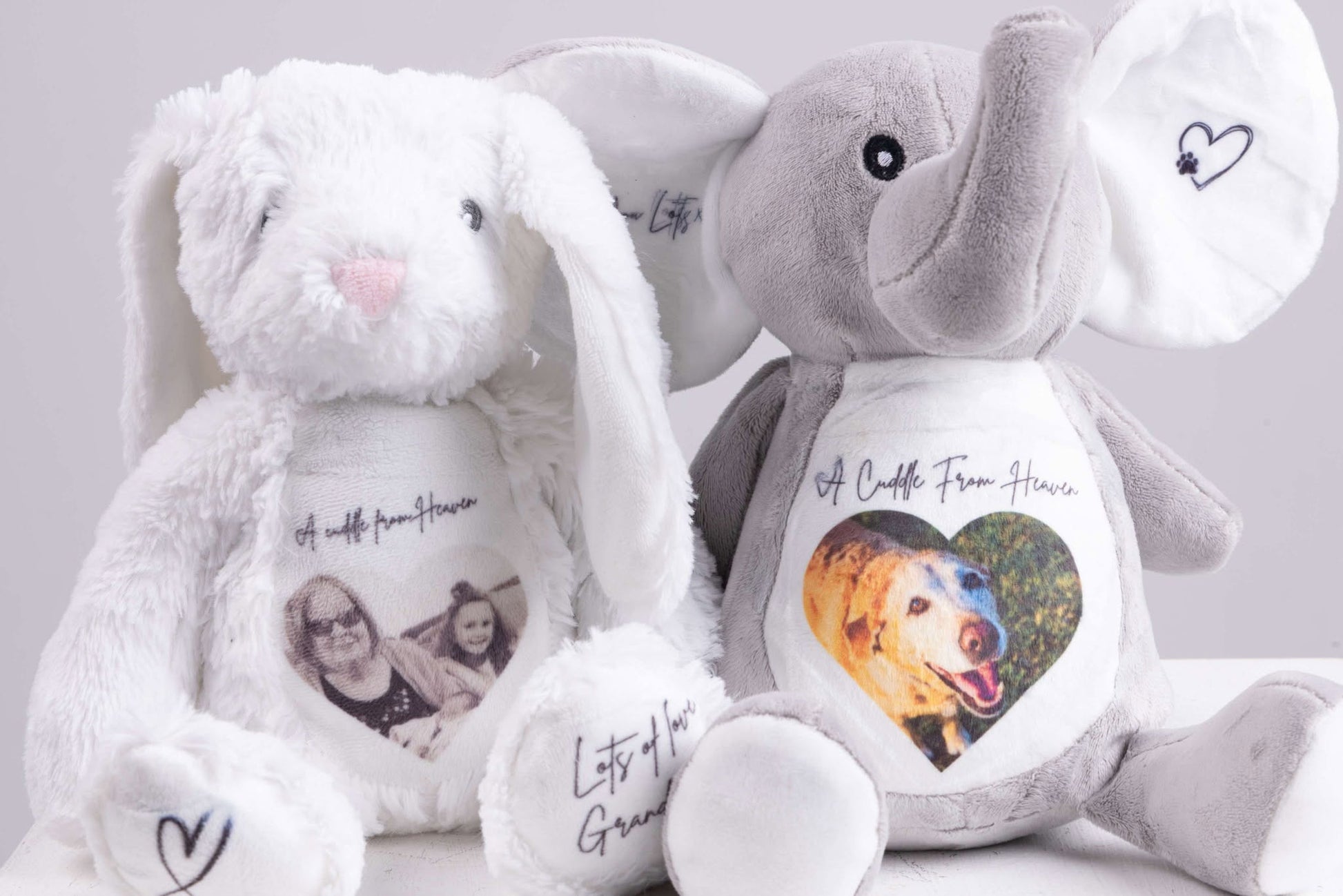 Two plush teddy bears, one white and one gray, with custom photos printed on their chests. The bears are part of the 'A Cuddle From Heaven Teddy' product line, designed as a memorial gift.