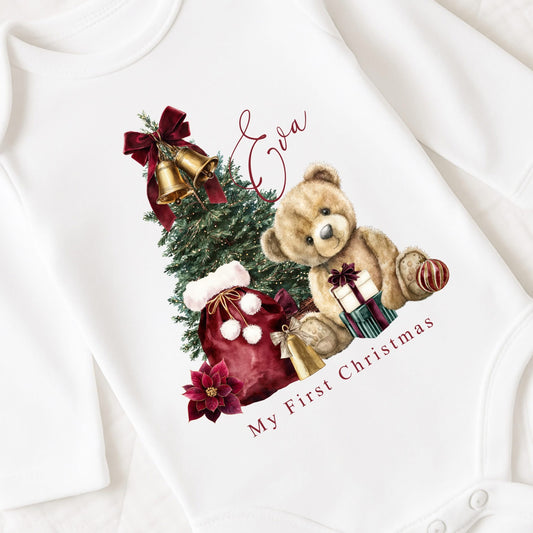 Personalised My First Christmas Red Bear Baby Vest