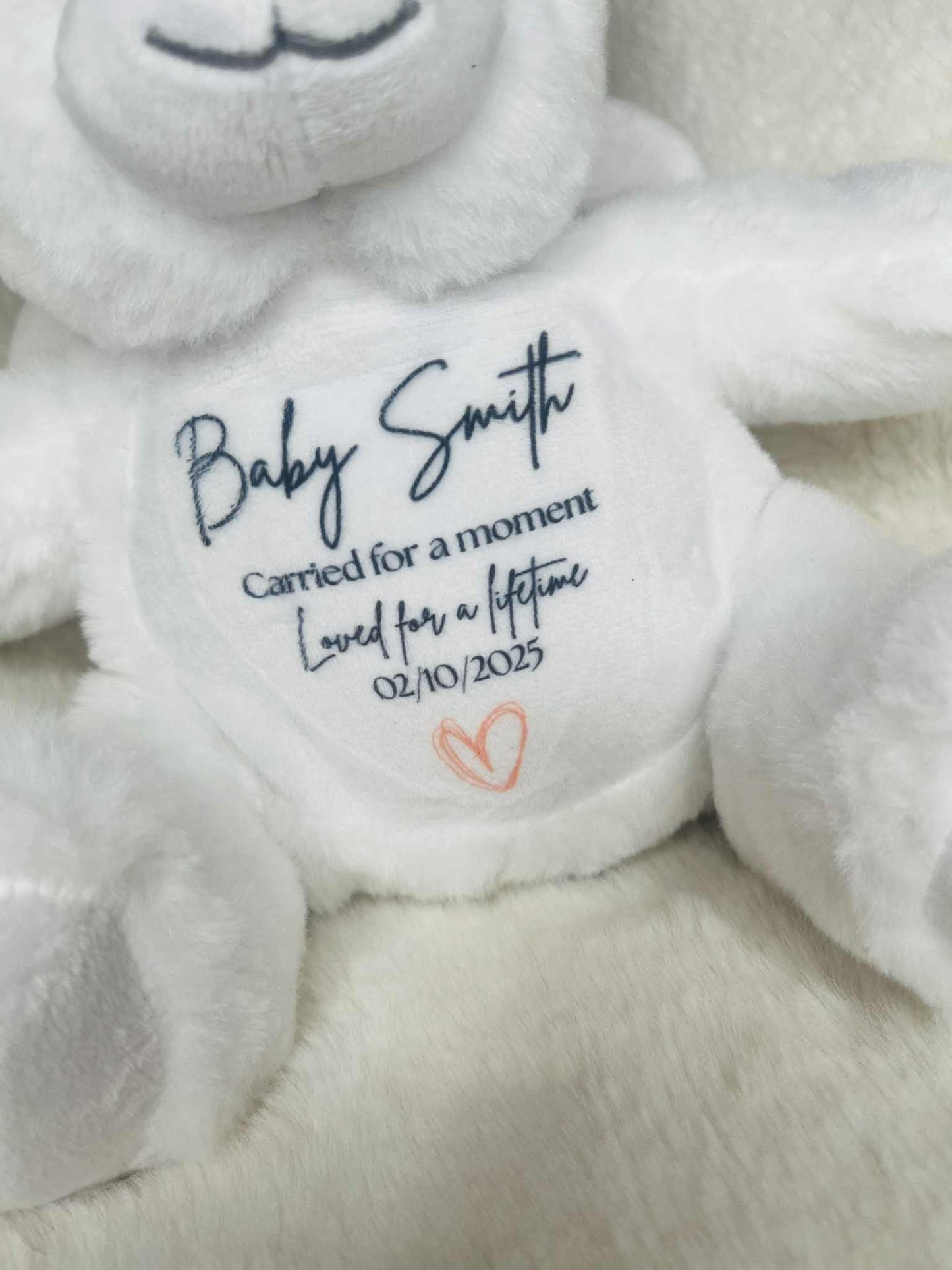 Baby loss remembrance teddy in soft white fabric