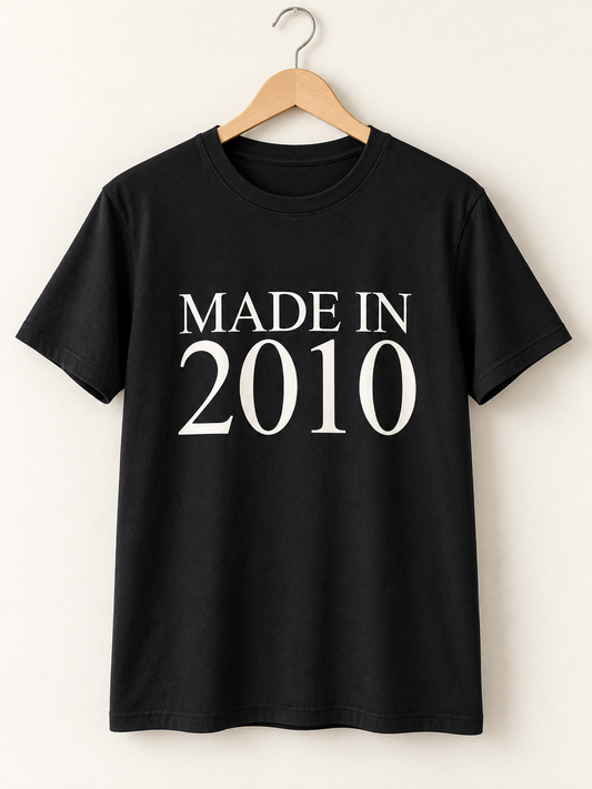 Black personalised adult T-shirt featuring a white Made in 2010 birth year design