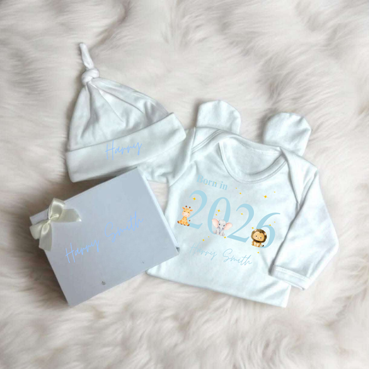Personalised born in 2026 baby gift set with sleepsuit, hat and keepsake box
