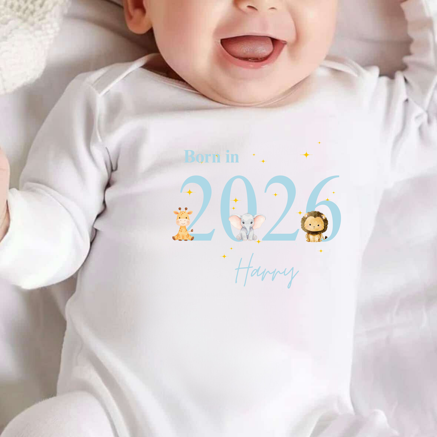 Personalised Born in 2026 baby sleepsuit with custom name