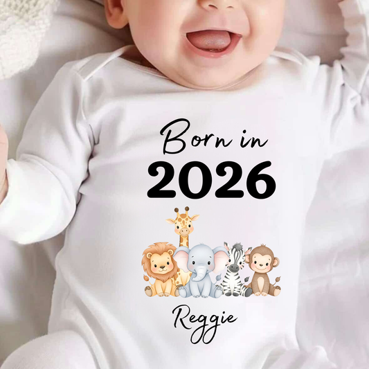 Born in 2026 White Baby sleepsuit with safari animals