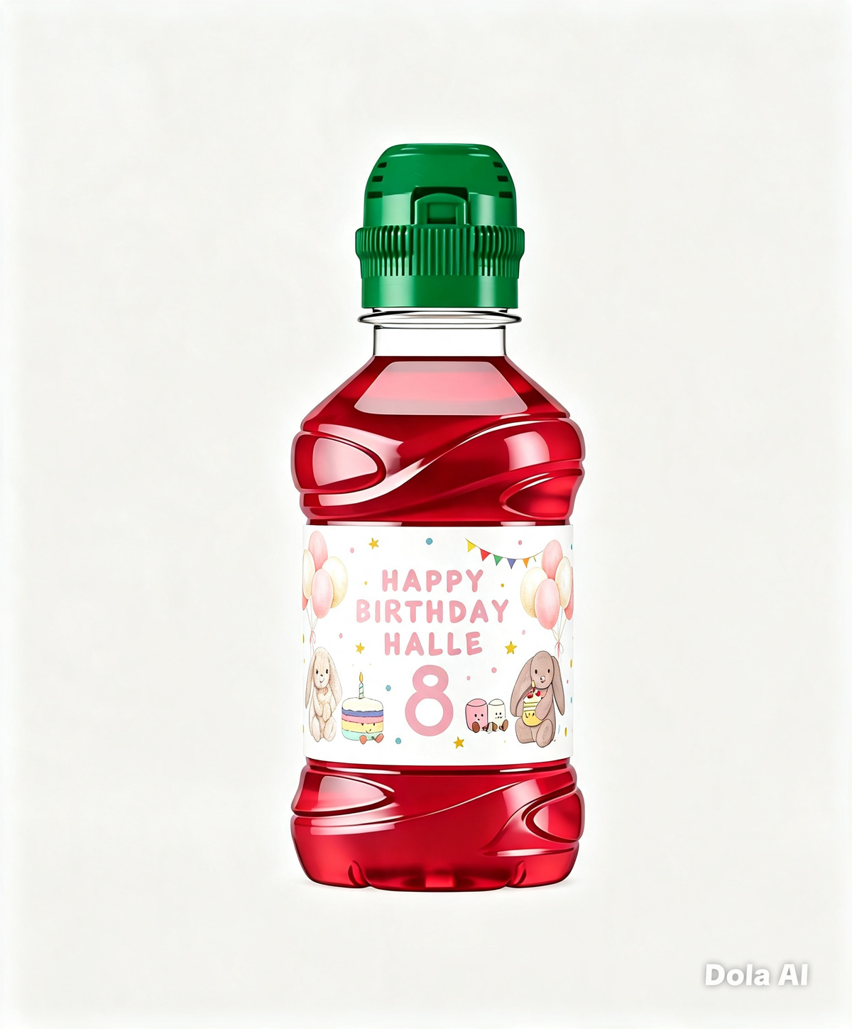 Personalised pink Jelly cat birthday Fruit Shoot bottle label with balloons, bunnies, child’s name and age