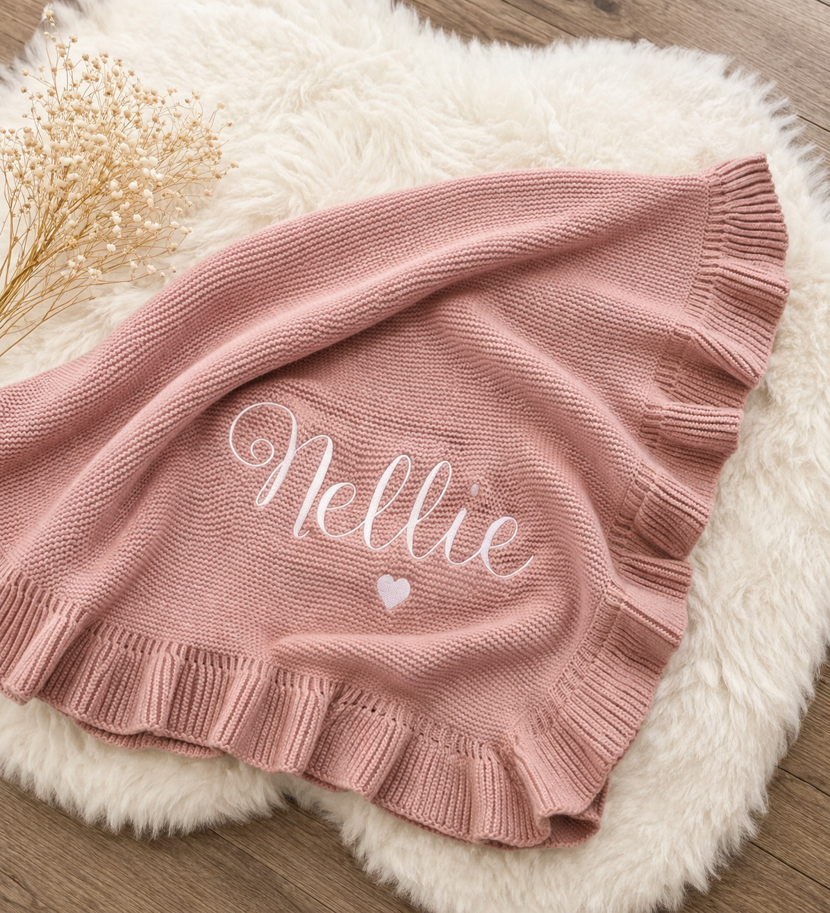 Personalised Frilly Embroidered Baby Name Blanket
