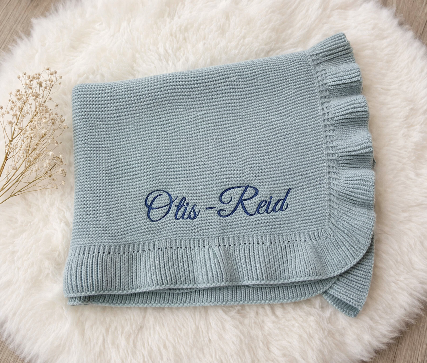 Personalised Frilly Embroidered Baby Name Blanket