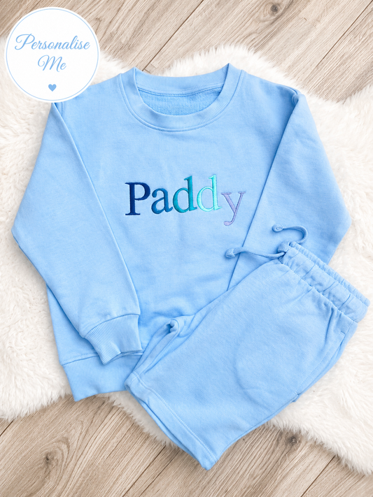 Personalised Blue Embroidered Children Sweatshirt And Short Set