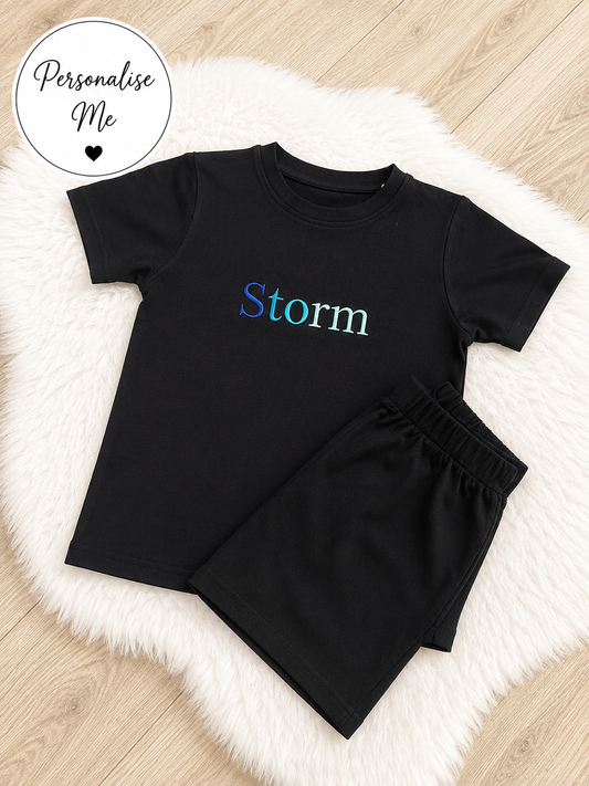 Personalised Navy Basic Embroidered Children Top And Short Set