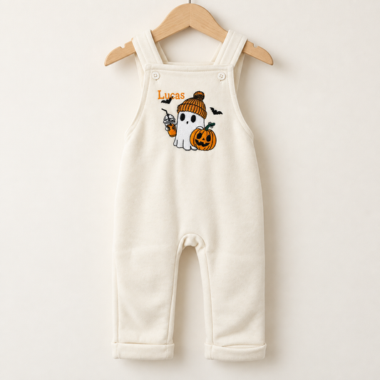 Personalised embroidered Halloween baby dungarees in cream with named ghost and pumpkin design