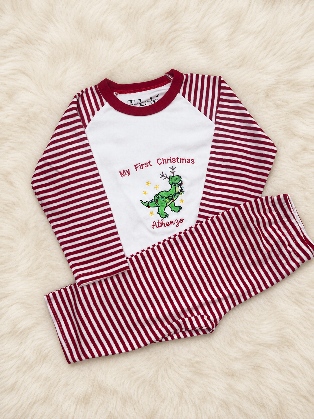 Children's Embroidered Christmas Pyjamas | Red Stripe