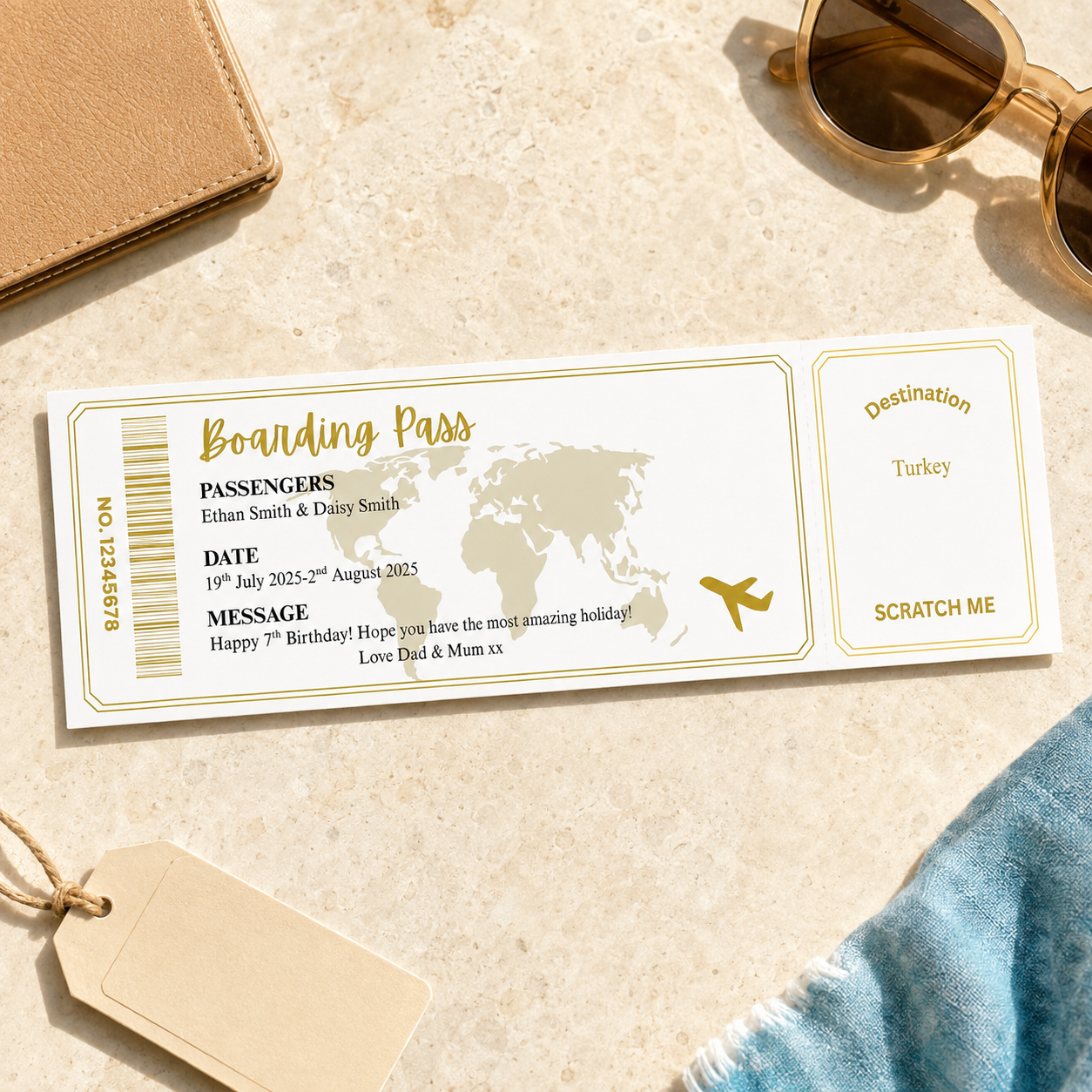 Custom holiday reveal boarding pass keepsake ticket