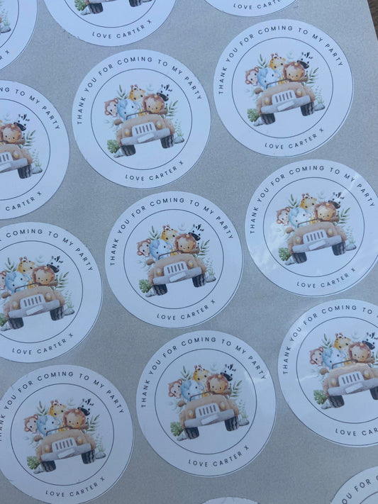 Custom jungle theme stickers for party bags and sweet cones