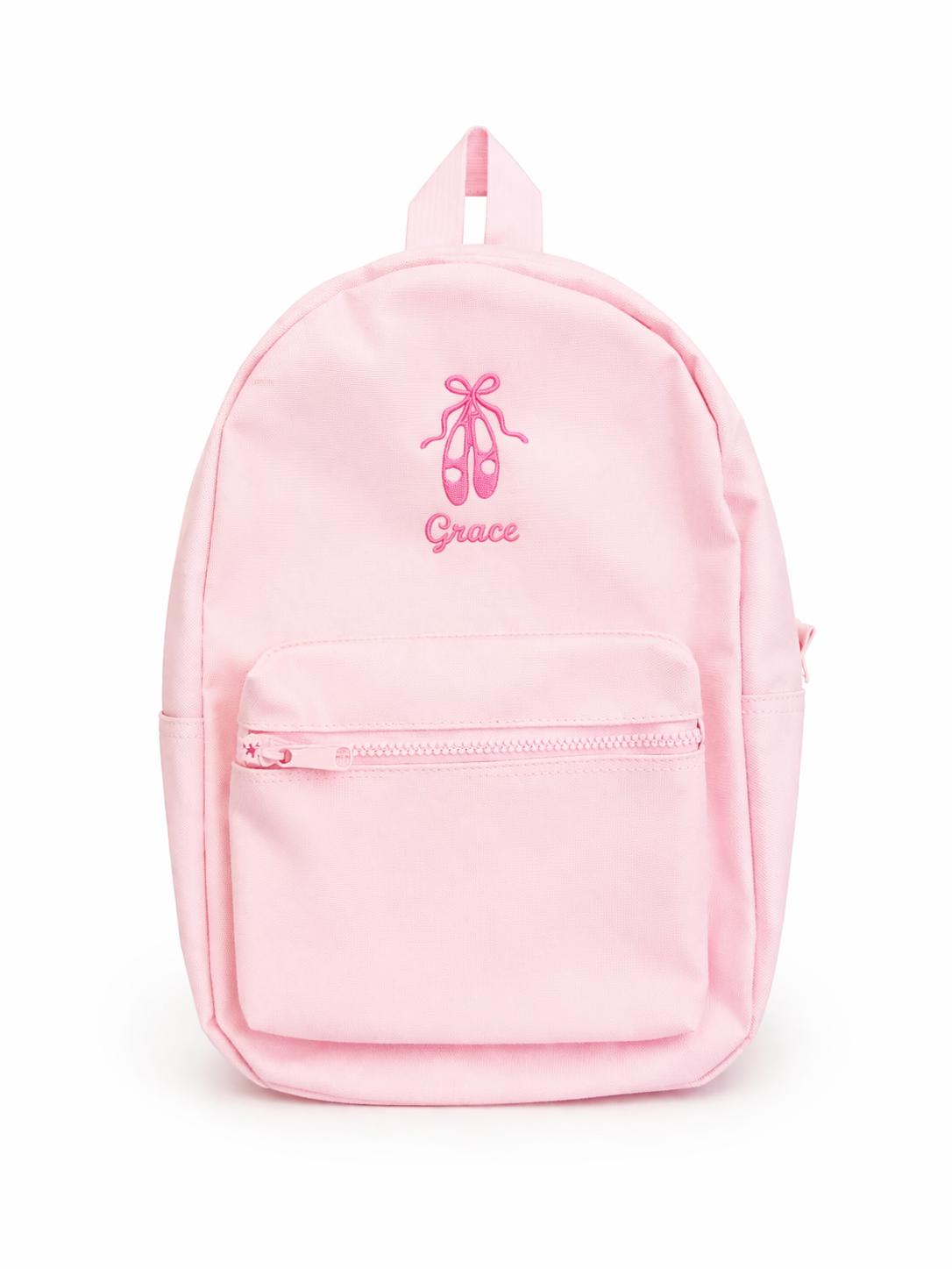 Pink backpack with 'Grace' and ballet shoes design on a white background