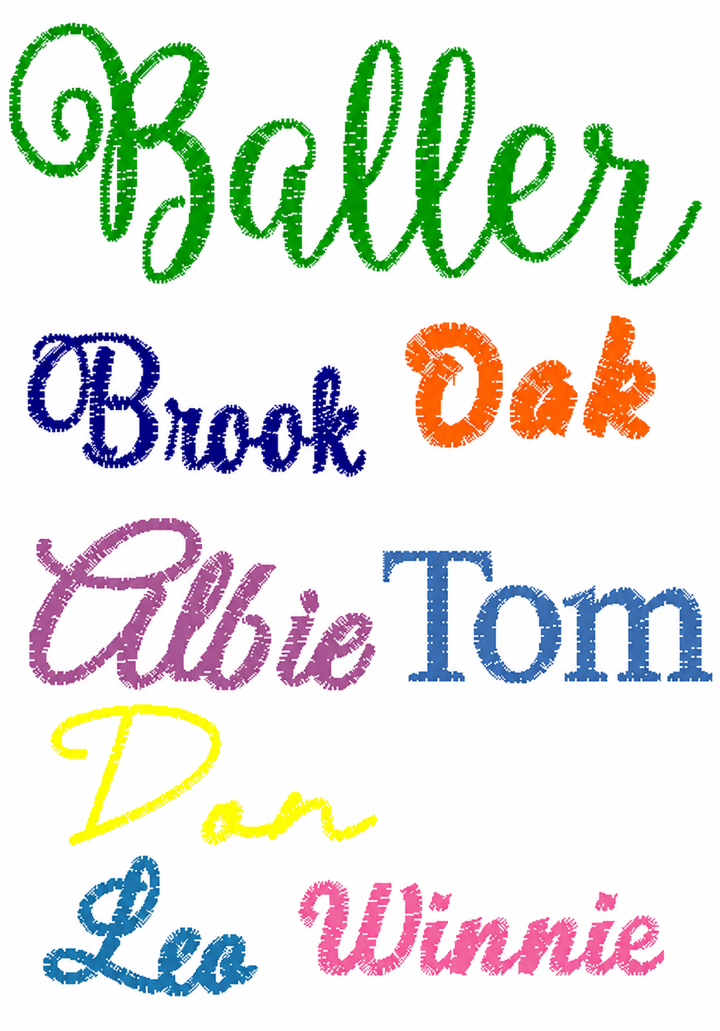 A white square graphic with the word 'Baller' in large green script at the top and several other names in colorful stylized fonts below: Brook in blue, Oak in orange, Albie in purple, Tom in blue, Don in yellow, Leo in blue, and Winnie in pink.