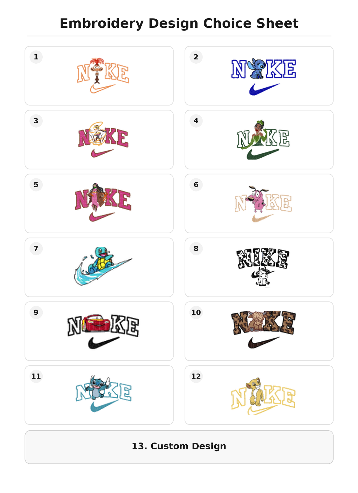 Embroidery design choice sheet for personalised Nike-inspired hoodies featuring 12 character designs and a custom design option
