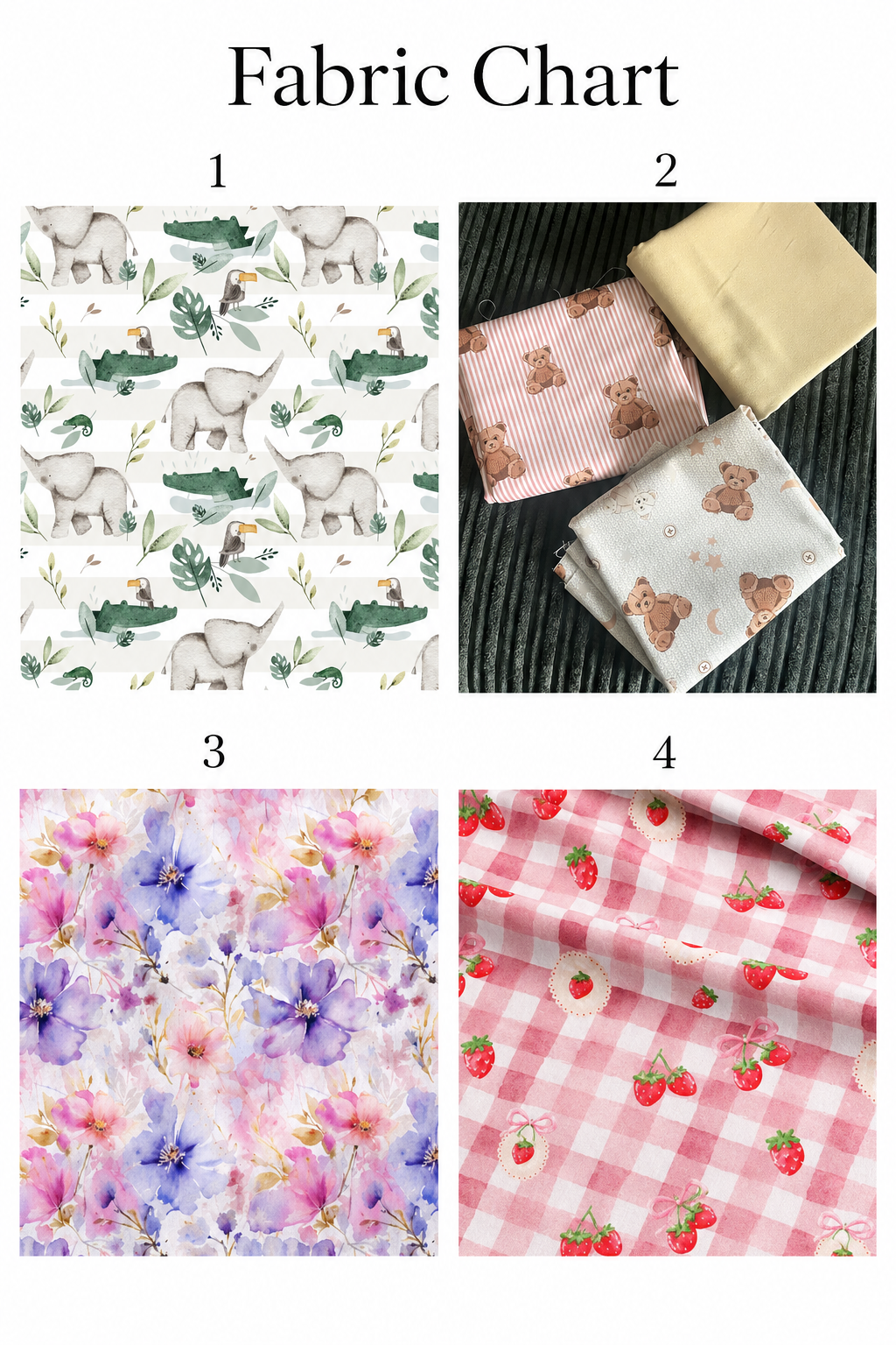 A fabric chart showing four different fabric pattern options labeled 1 through 4. Option 1 has a white background with a watercolor-style print of elephants, crocodiles, and leaves in green and gray.
