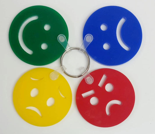 Children’s emotions keyring in the colours red, blue , green and yelllw . Happy , sad , angry , worried 
