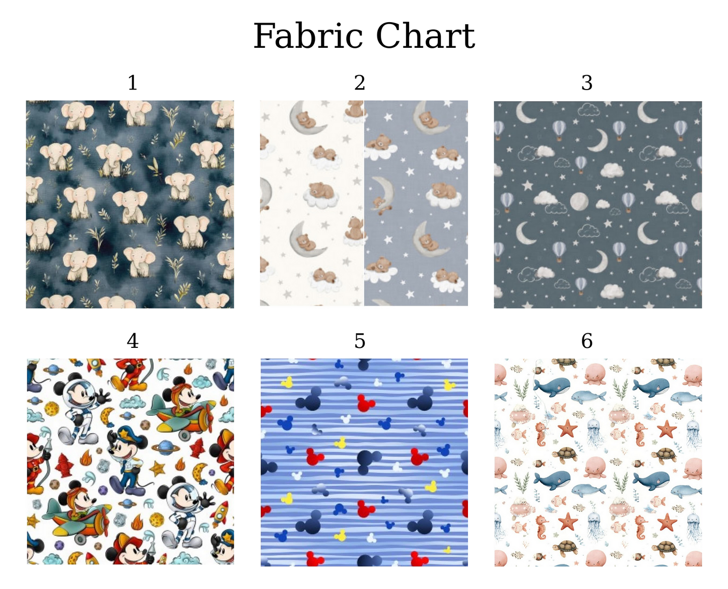 A fabric chart displaying six different printed fabric patterns labeled 1 through 6. The patterns include: 1.