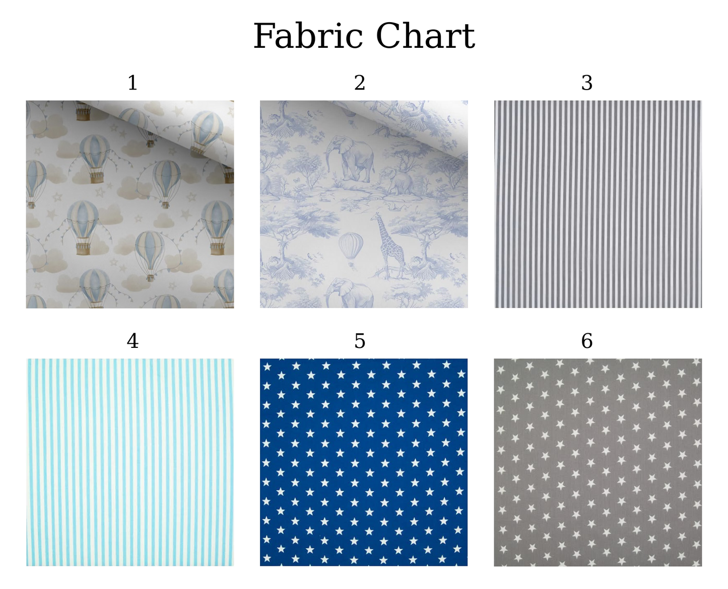 A fabric chart showing six different fabric patterns labeled 1 through 6. The patterns include various blue, gray, and white designs such as hot air balloons, toile landscapes, stripes, and stars.