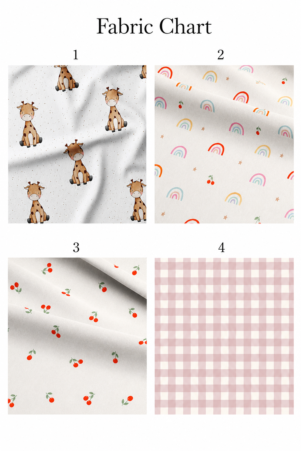 A fabric chart showing four different fabric patterns labeled 1 through 4. Pattern 1 is white fabric with a giraffe print, pattern 2 is white fabric with a rainbow and cherry print, pattern 3 is white fabric with a cherry print, and pattern 4 is a pink and white gingham check fabric.