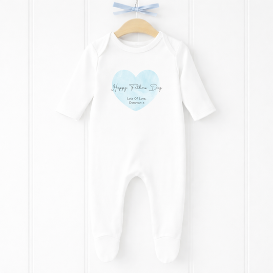 Personalised Love Heart Happy Fathers Day Baby Sleepsuit