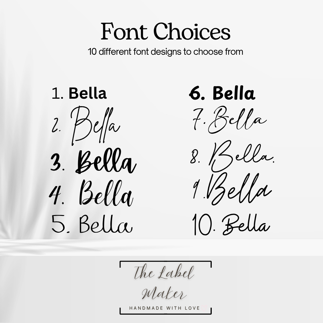 Comparison of 'Bella' font styles on a white background with 'The Label Maker' branding.