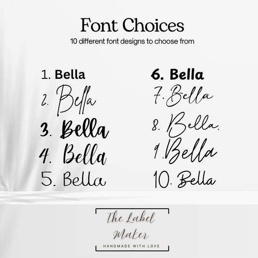 Comparison of 'Bella' font styles on a white background with 'The Label Maker' branding.