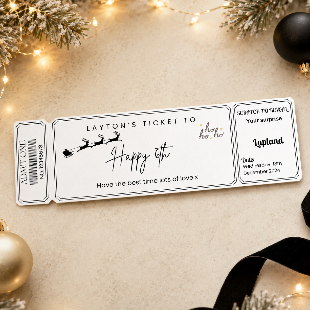 Lapland holiday surprise scratch ticket with optional name envelope