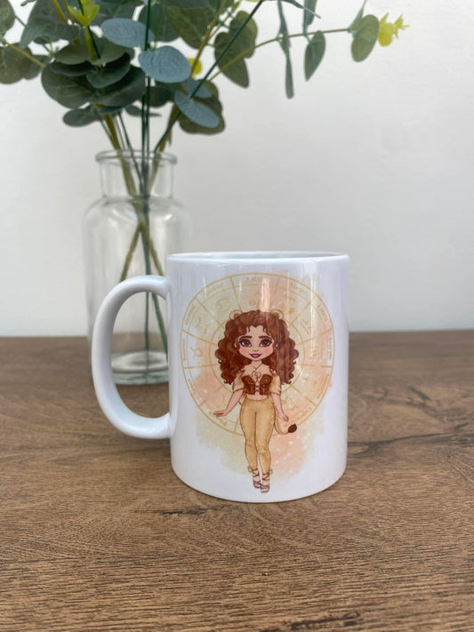 White ceramic mug with zodiac star sign design