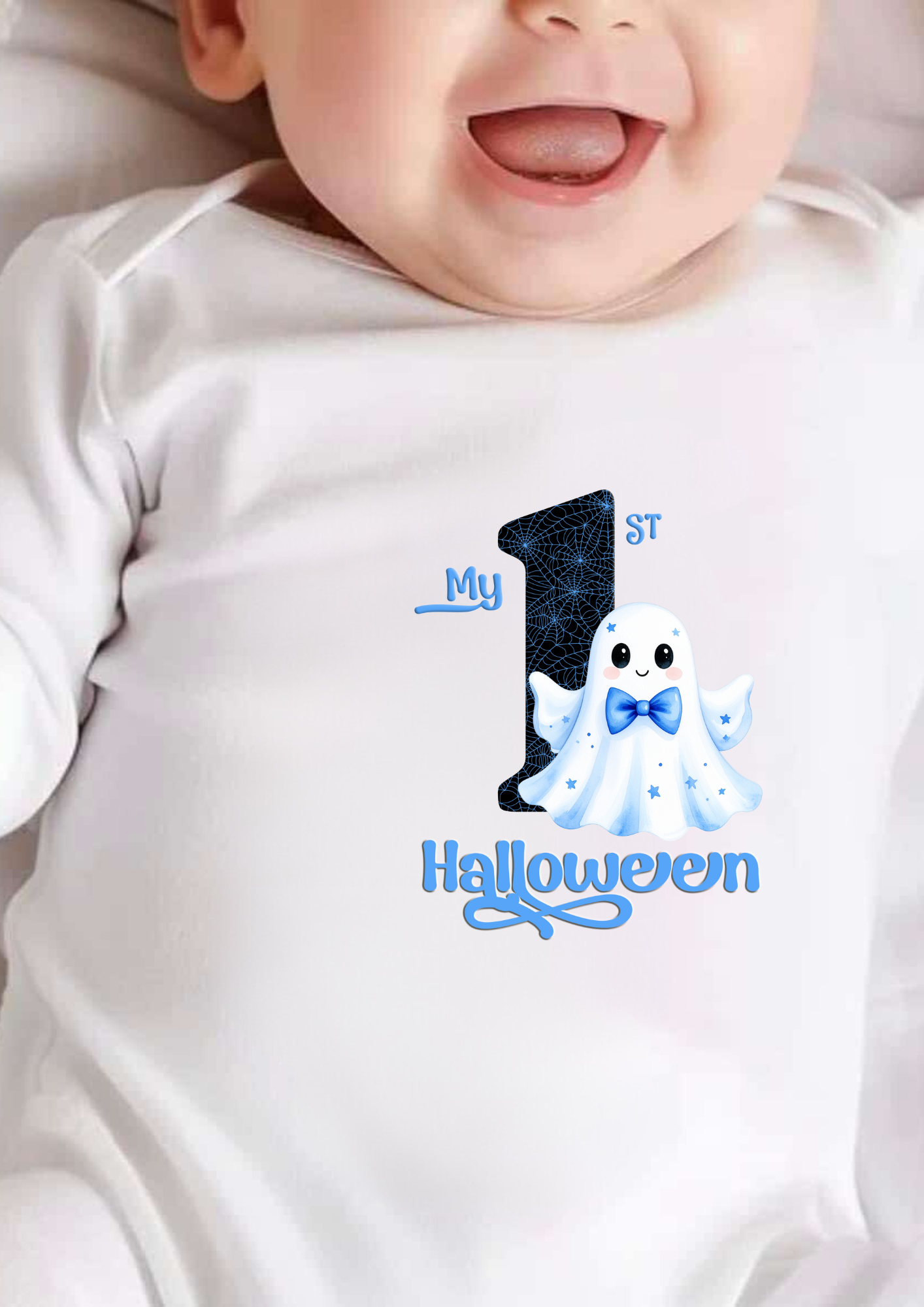 Baby wearing a onesie with a Halloween design and text.