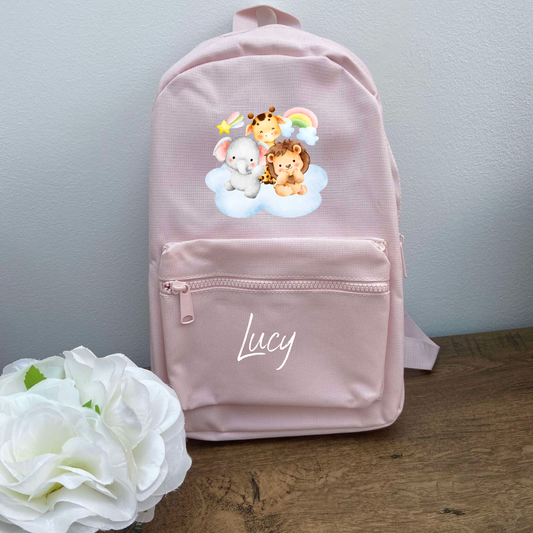 A pink personalised backpack with a cloudy animals design, featuring adjustable shoulder straps and a name 'Luccy' printed on the front.