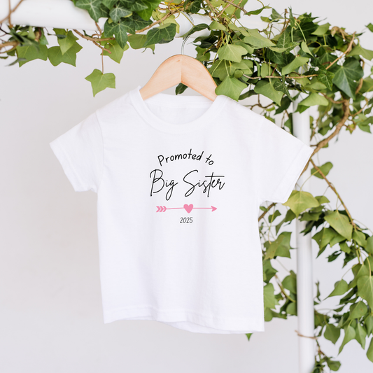 White t-shirt with 'Promoted to Big Sister 2025' text on a hanger with green leaves in the background
