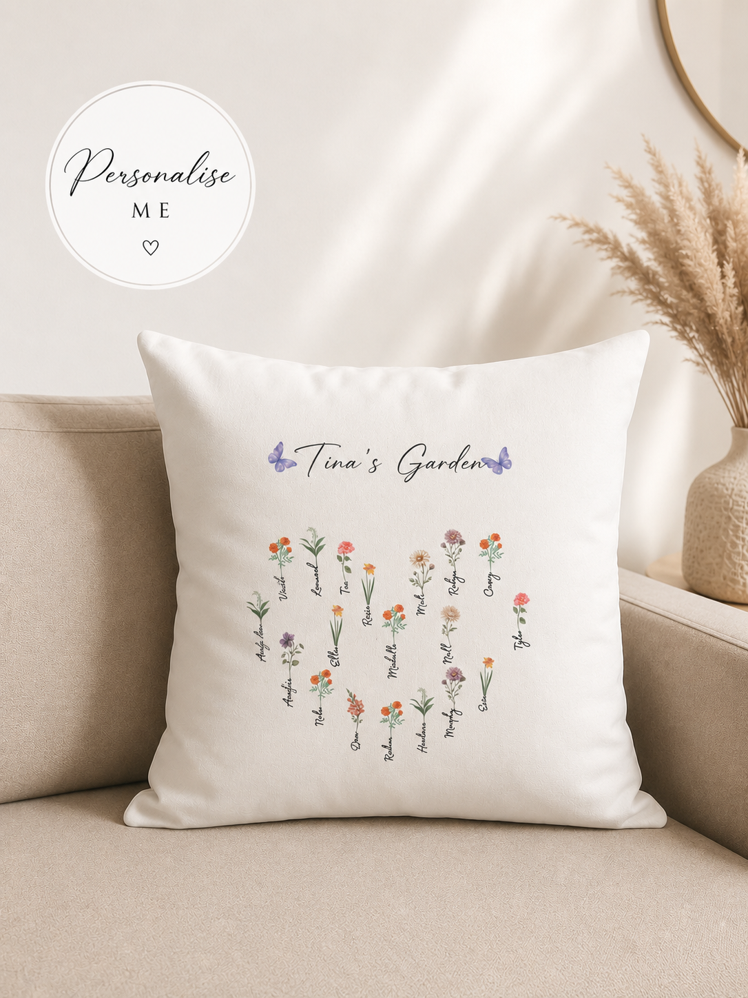 Decorative pillow with floral design and 'Tina's Garden' text on a beige couch.