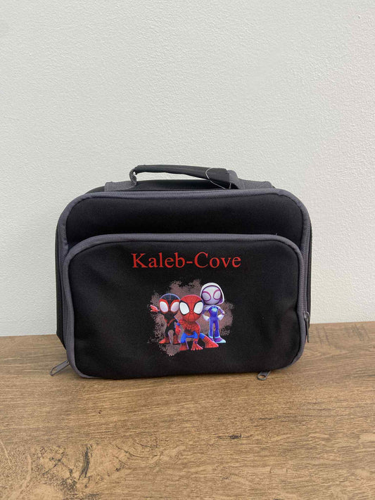 Black Lunch Bag with spider man image and name
