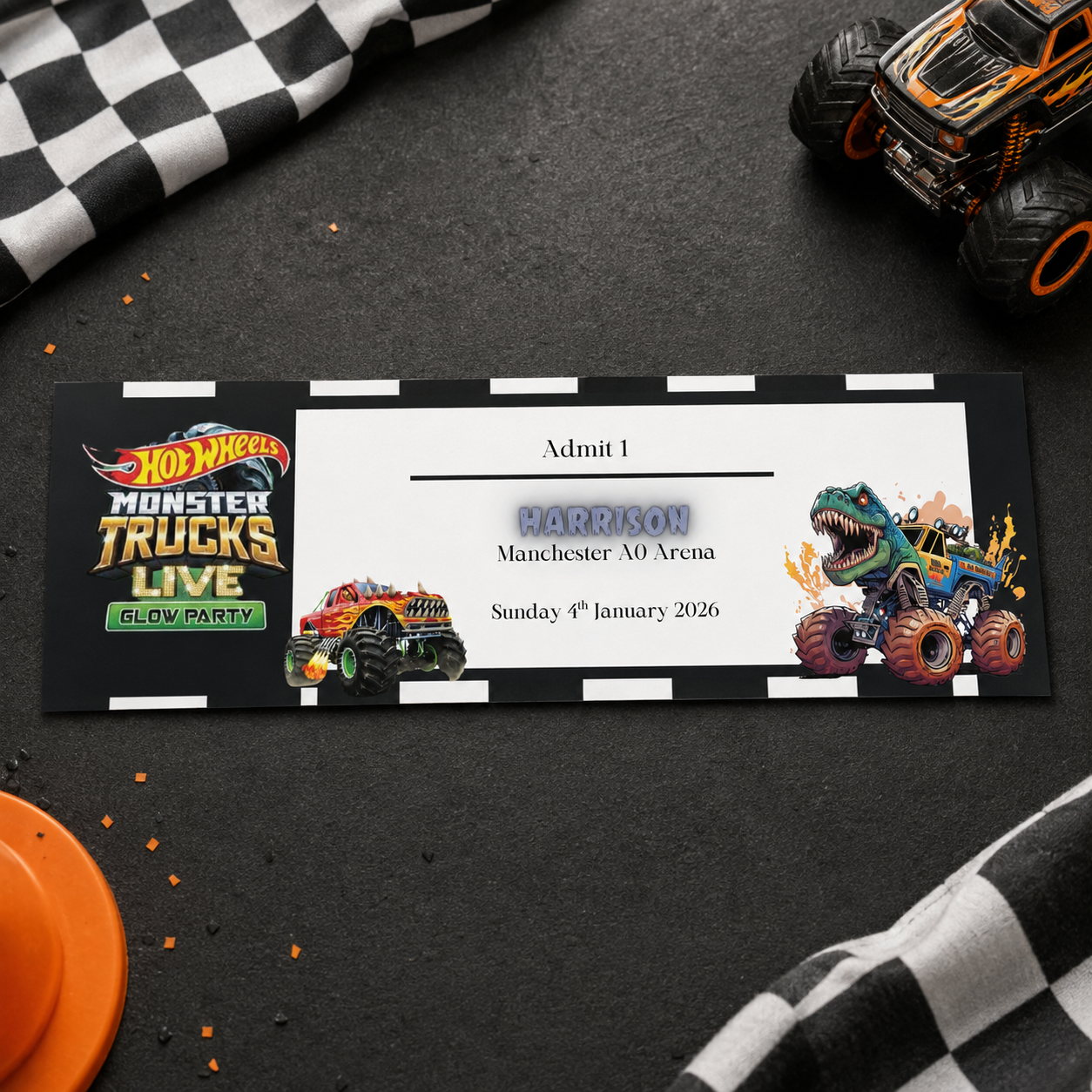 Personalised Black and White  Monster Truck Surprise Ticket 