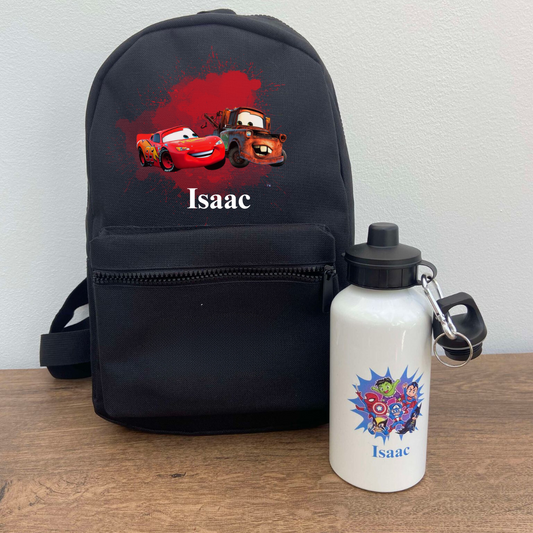 Backpack in black featuring cars image and child's name.