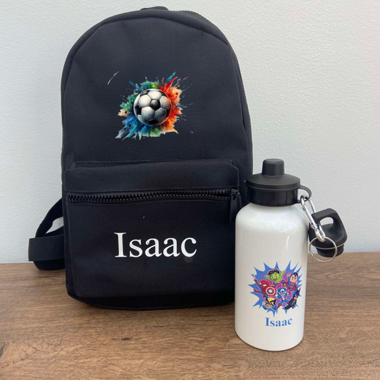 A black personalised football backpack with a multicolor design, featuring a name 'Issac' on the front, a ball and the text 'Isaac'.