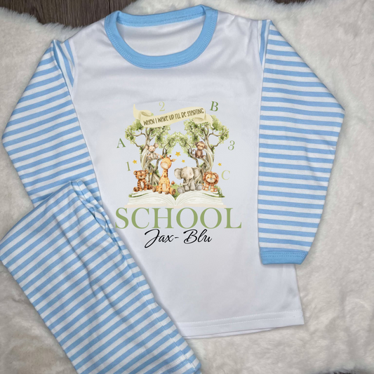 Blue striped pyjamas with safari design personalisation saying when I wake up I start school